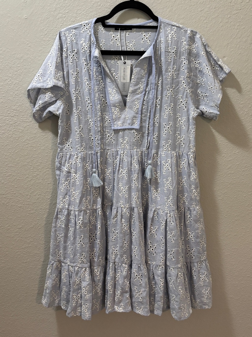 Robertson + Rodeo Blue Eyelet Tiered Mini Dress Size Medium NWT